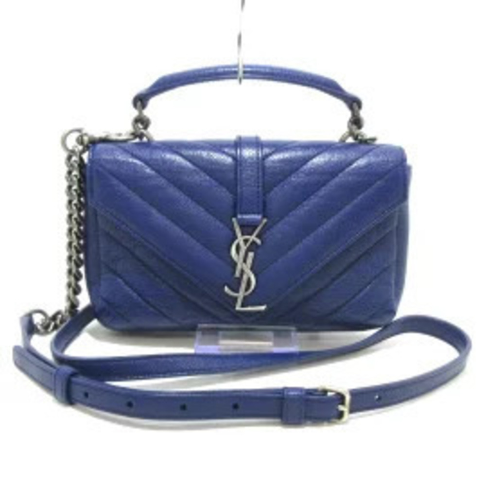 SAINT LAURENT PARIS Collge Wallet Chain Detachable Strap Navy Blue Leather